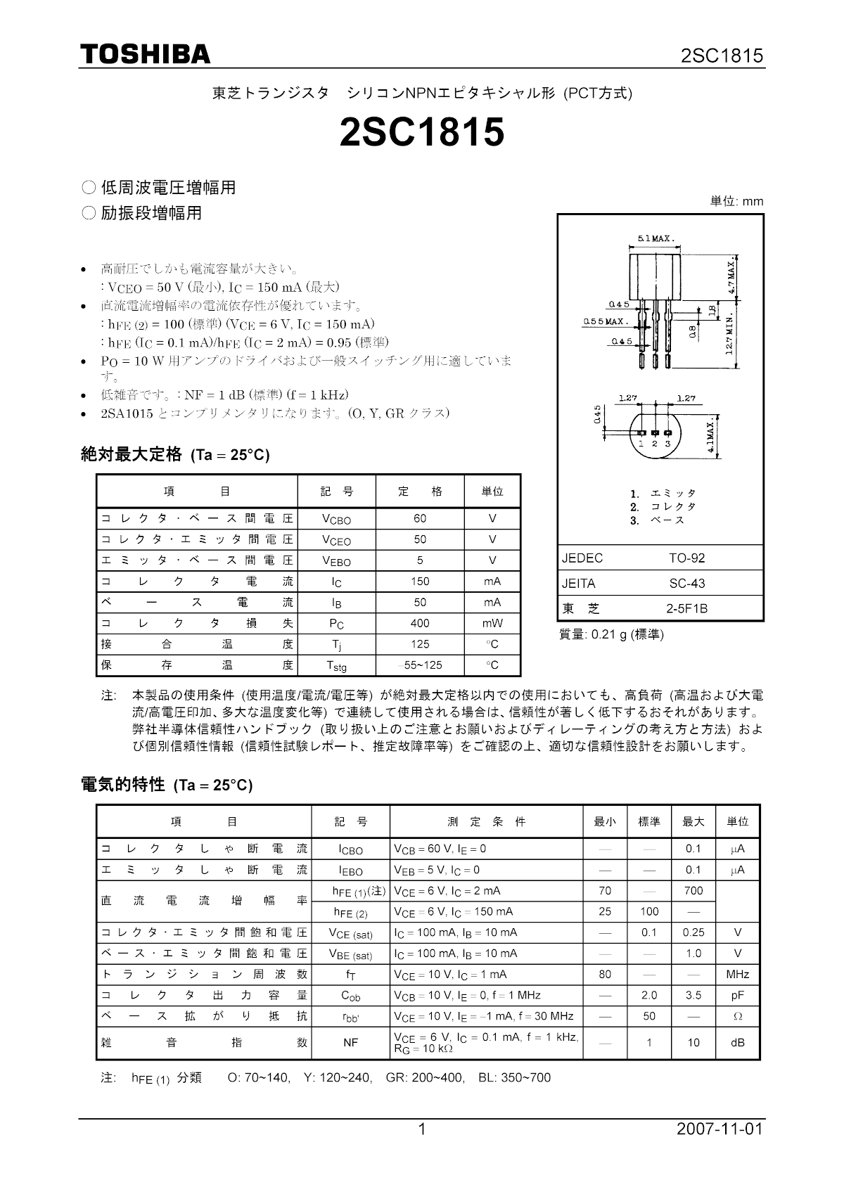 出典: トランジスタ 2SC1815のデータシート