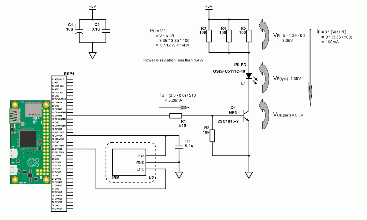 2SC1815で赤外線LEDを100mAでドライブする回路